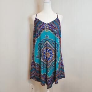 Bebop Womens Medium Paisley Boho Handkerchief Satin Slip Dress Mini
